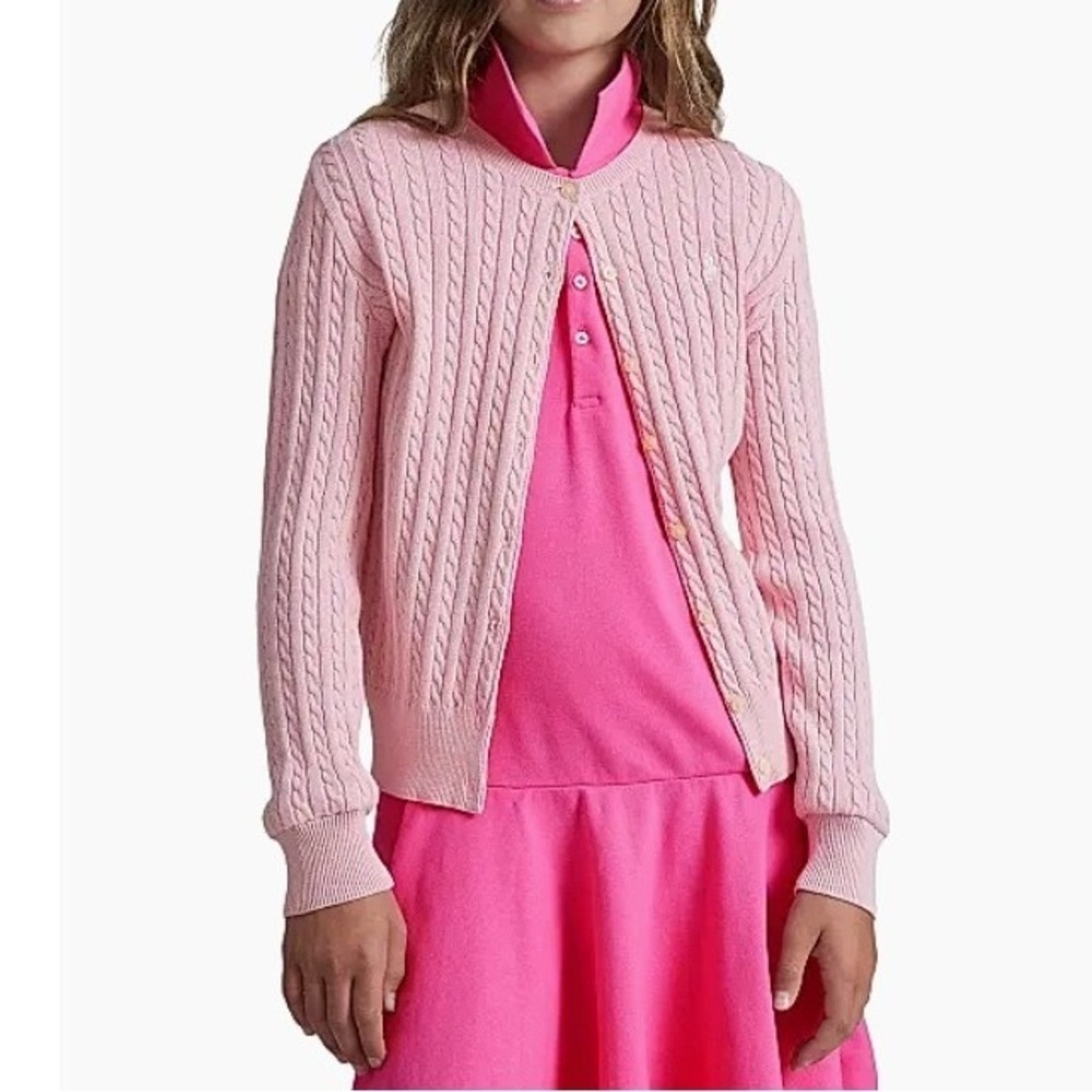 Polo Ralph Lauren Cable Knit Cardigan Girls L 12-14 Pink Button Front Cotton EUC